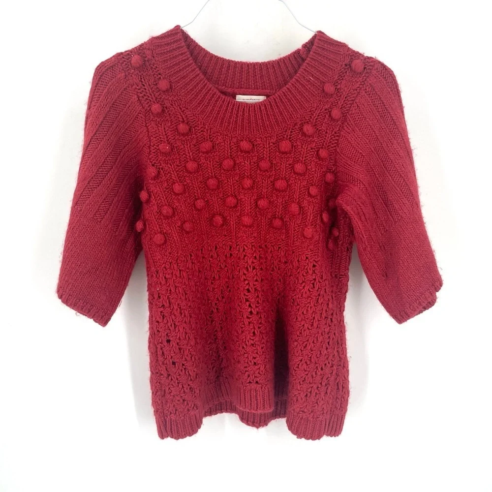 Sundance Red Wool Blend 3/4 Sleeve Knitted Pom Pom Crewneck Sweater